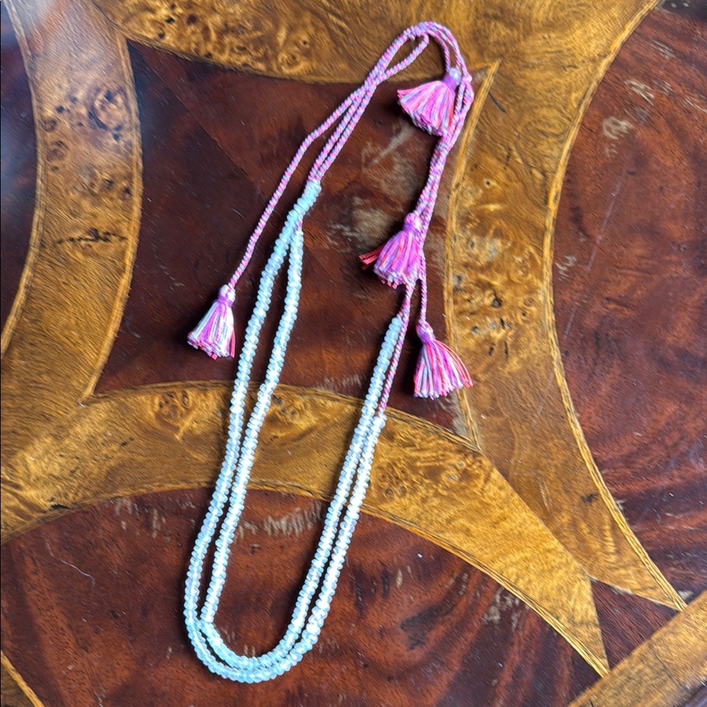 Elegant quarts Beaded Necklace with Pink Tassels. From Moosh Jewels